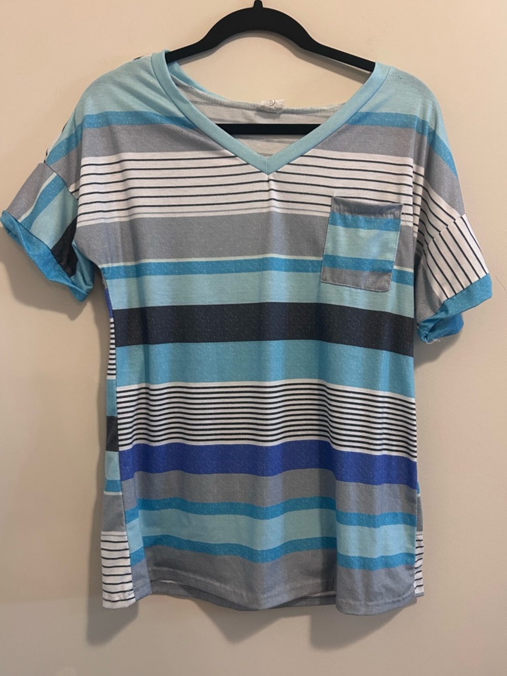 Striped V-Neck Pocket Tee in Aqua & Blue